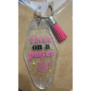 Livin On A Prayer Glitter & Pink Tassel Vintage Hotel Motel Keychain Key Chain